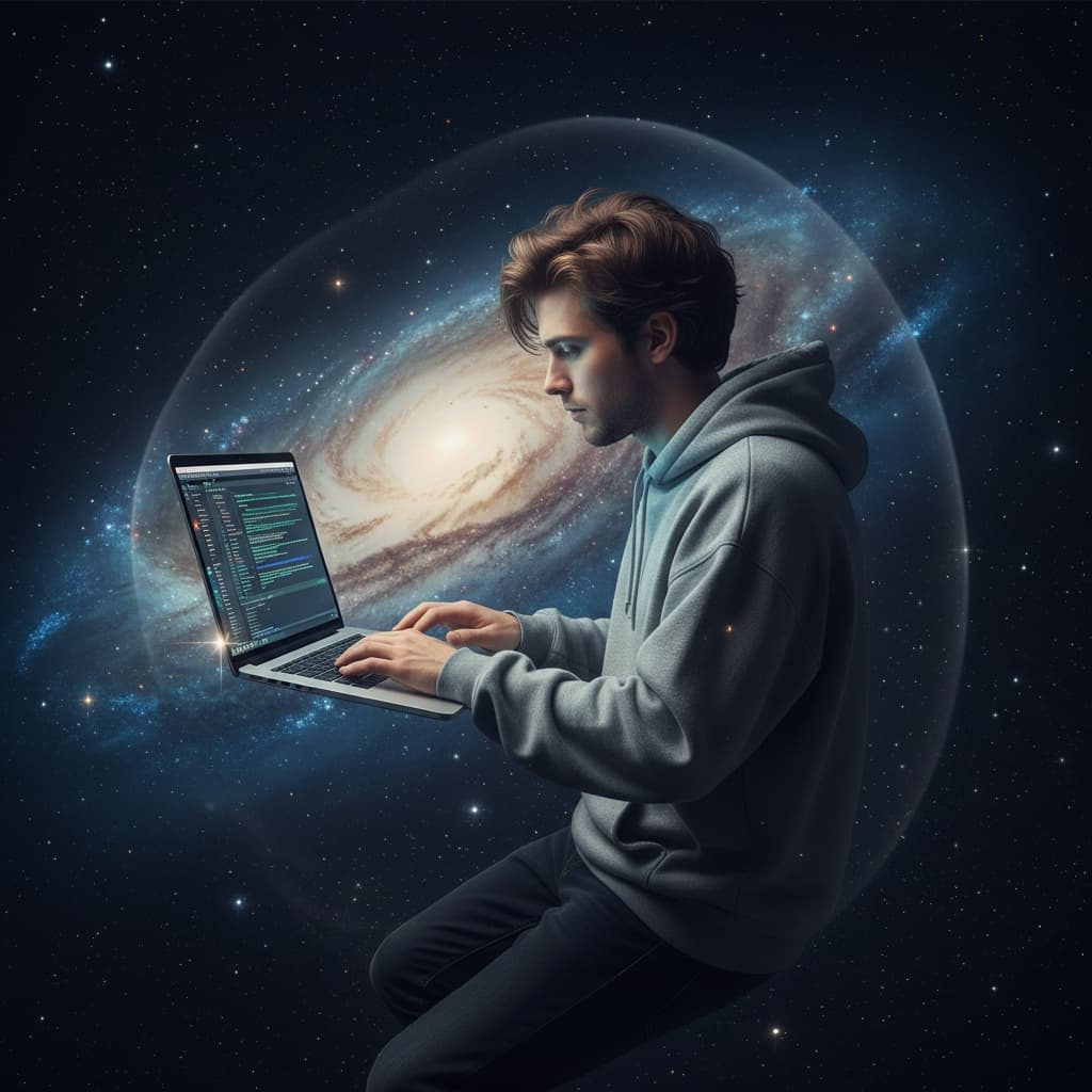A person working on a macbook floating in space with no spacesuit