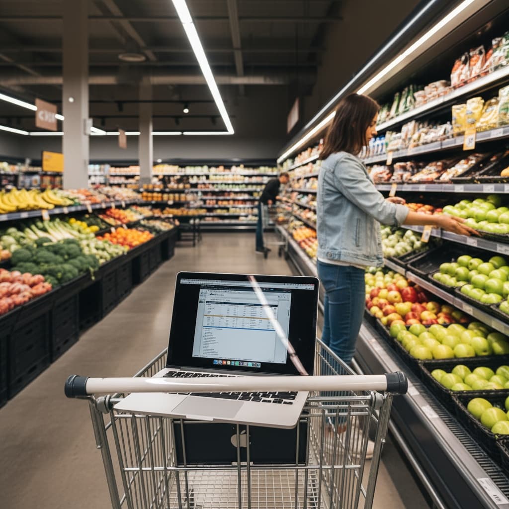 Macbook pro on a shopping trolley whilst someone shops for groceries