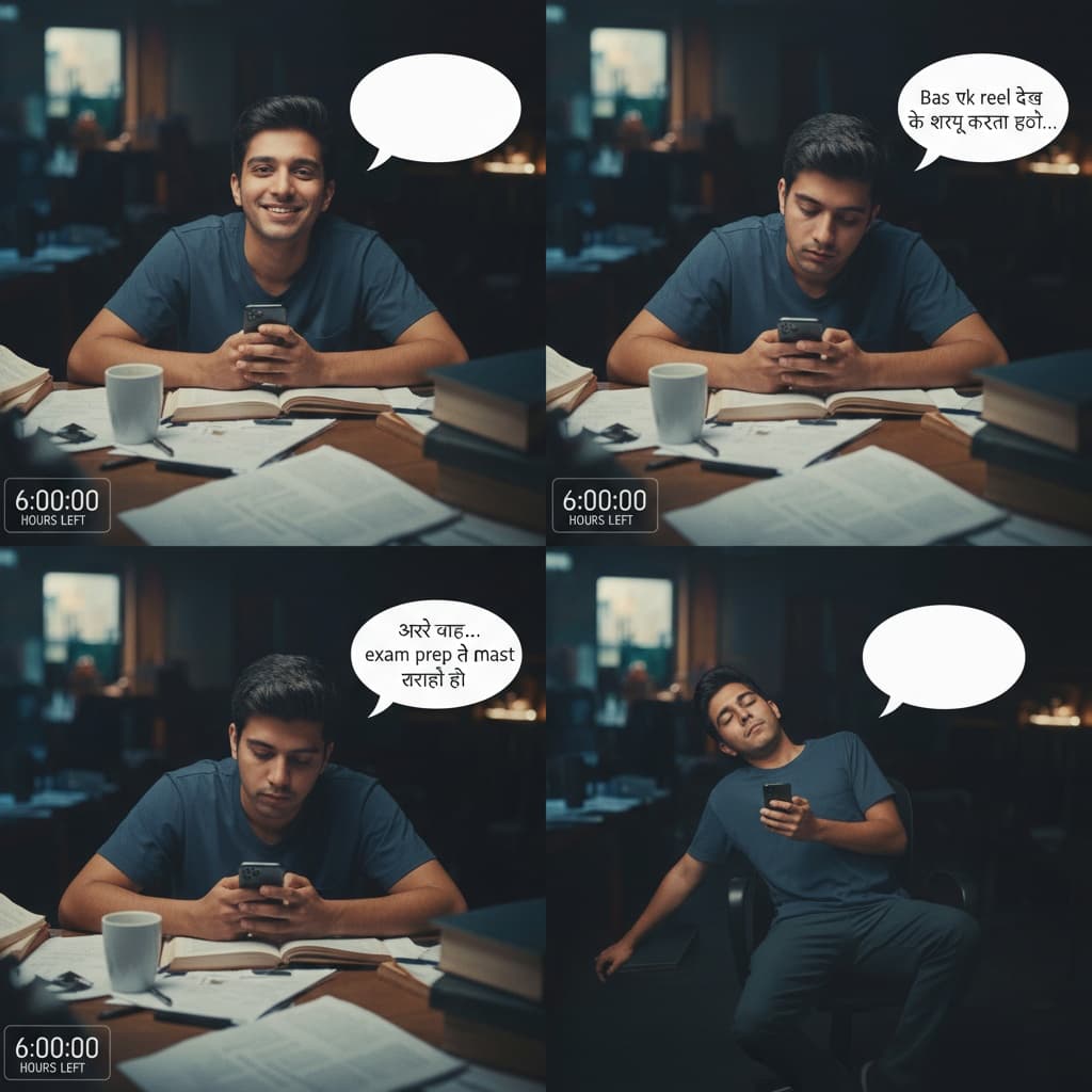 0–5 sec
(Scene: Student table pe books khol ke baitha hai, confident look)
📢 Dialogue: “Bas 6 ghante hain… pura syllabus cover ho jaayega.”

6–12 sec
(Scene: Student phone utha ke reels scroll karta hai)
📢 Dialogue: “Bas ek reel dekh ke shuru karta hoon…”

13–20 sec
(Scene: Student abhi bhi phone me busy, thoda thaka hua look)
📢 Dialogue: “Arre wah… exam prep to mast chal rahi hai.”

21–30 sec
(Scene: Student kitab band karke let jaata hai, aankh band hone wali)
📢 Dialogue: “Shayad next janam mein syllabus complete kar lunga.”
(End pe funny zoom-out ya thoda overacting wala pose karo)