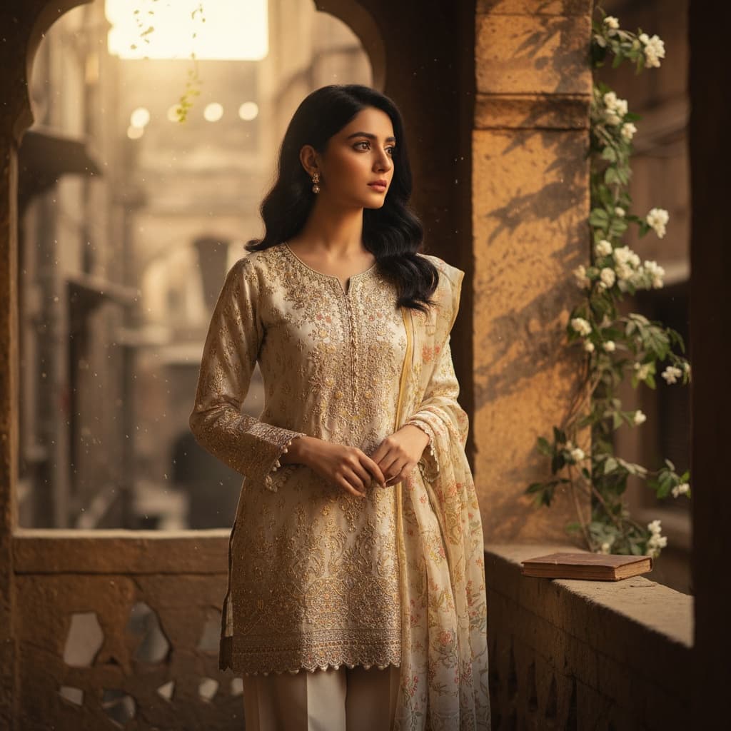 Make an image of a beautiful girl age 18 year old Pakistani skin color white eye color brown hair color black height 5'6 weight 60kg in Urdu nove style 