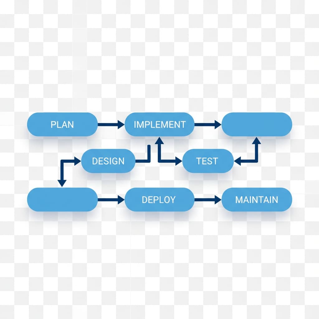 A clean flowchart with interconnected nodes and arrows, depicting a software development process, in a monochromatic blue palette, 16:9 ratio, transparent background, modern and sharp.
