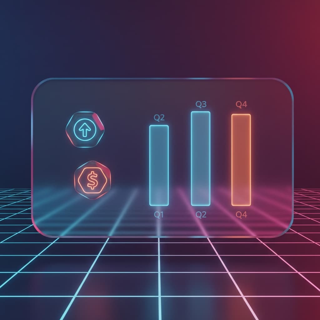A sleek, minimalist infographic showing a bar chart of quarterly sales growth, with glowing blue and orange bars, transparent background, modern icons for revenue and profit, 16:9 aspect ratio, no text.