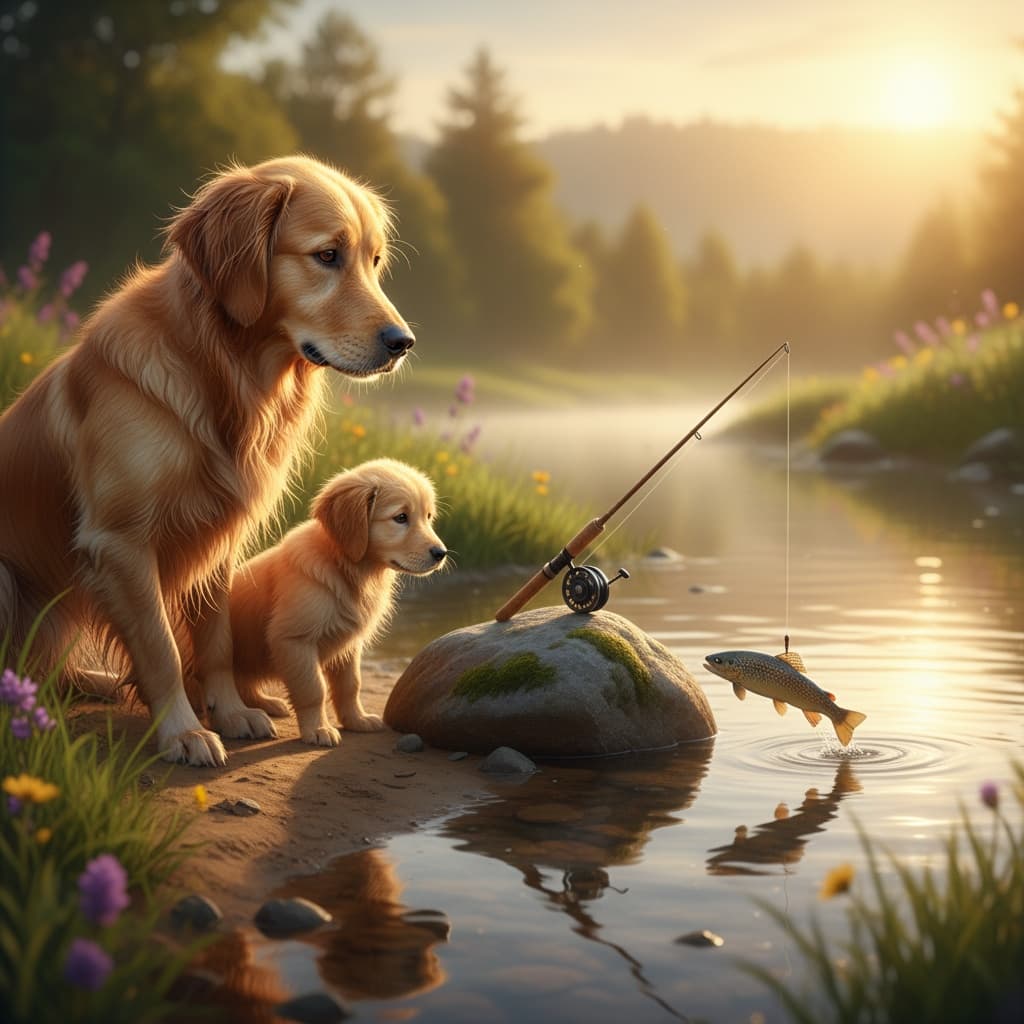 Image of dog retriever with puppy doing fishing on river side - image by Instastock