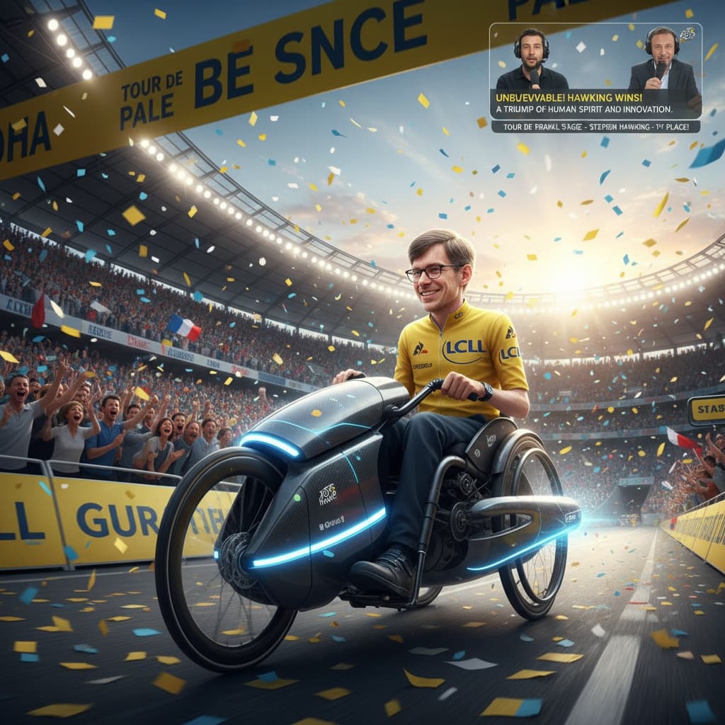 Stephen Hawking winning Tour De France with commentary - image by Instastock