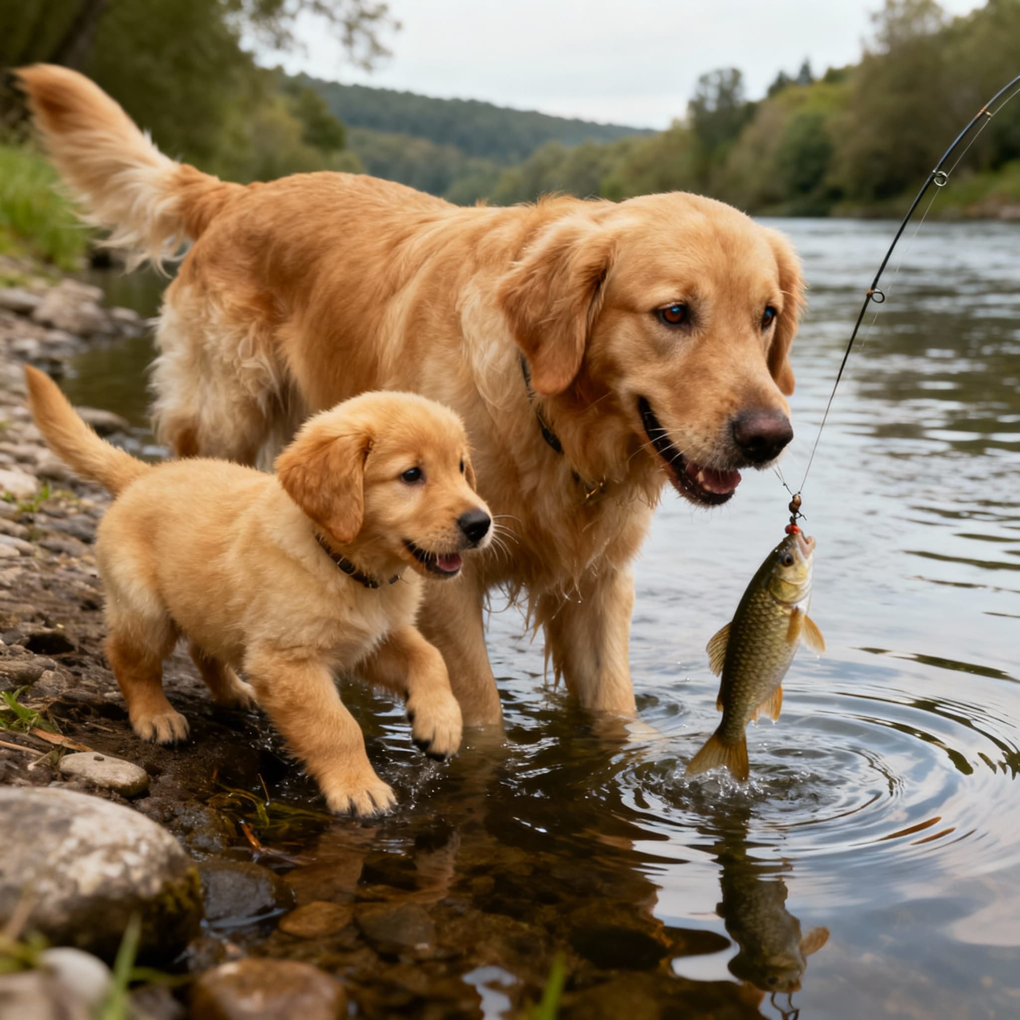 Image of dog retriever with puppy doing fishing on river side - image by Instastock