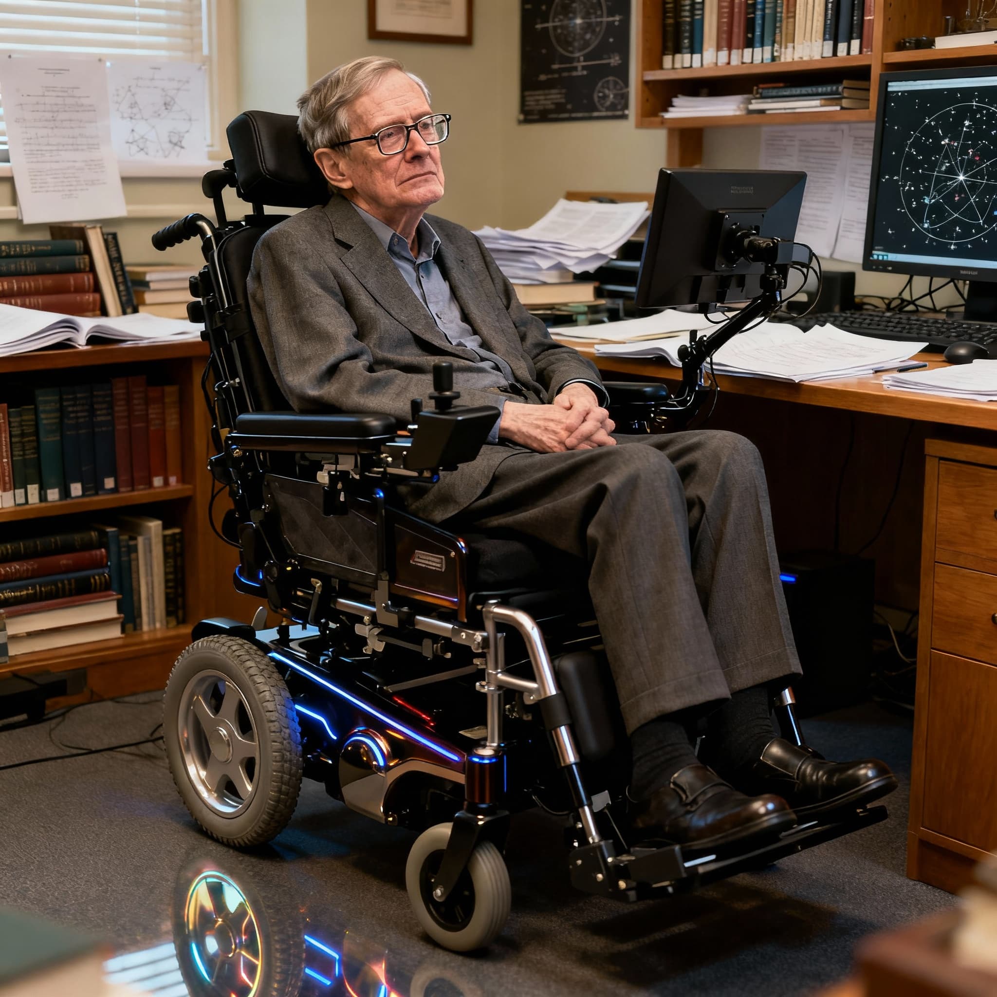 Stephan Hawking in his chair and office  - image by Instastock
