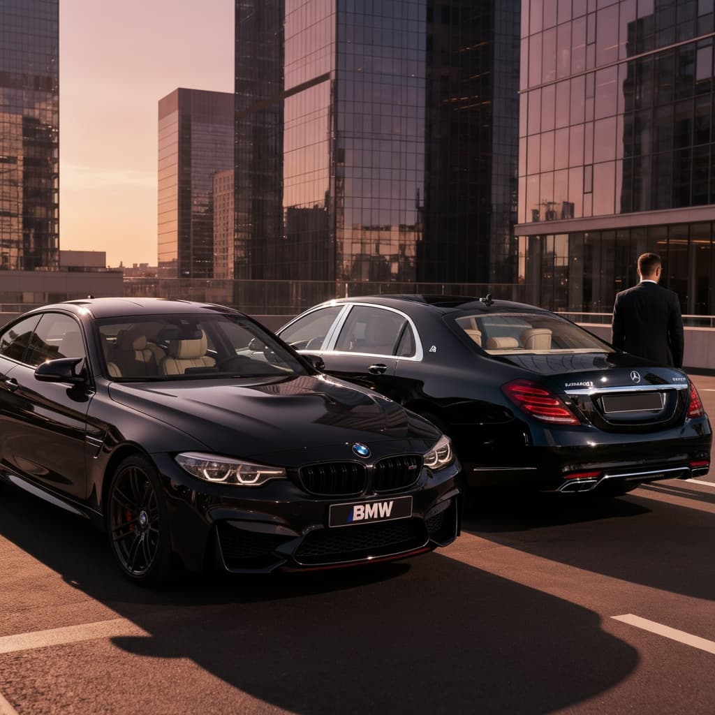 Back side of Mercedes Maybach and a guy standing beside showing his back and it's a sunset and both car and the man should be visible - image by Instastock