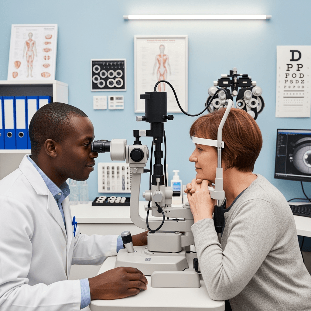 médecin africain ophtalmologue examinant son patient
