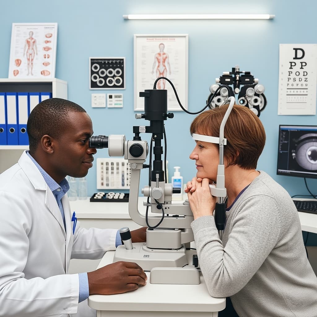médecin africain ophtalmologue examinant son patient africain. Must be in a photorealistic style