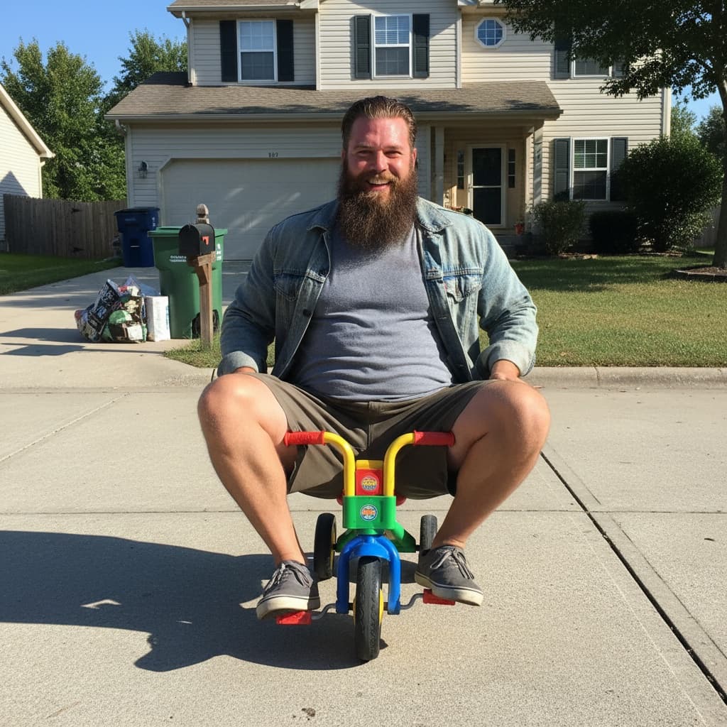  A photo of a big man riding a child's tricycle