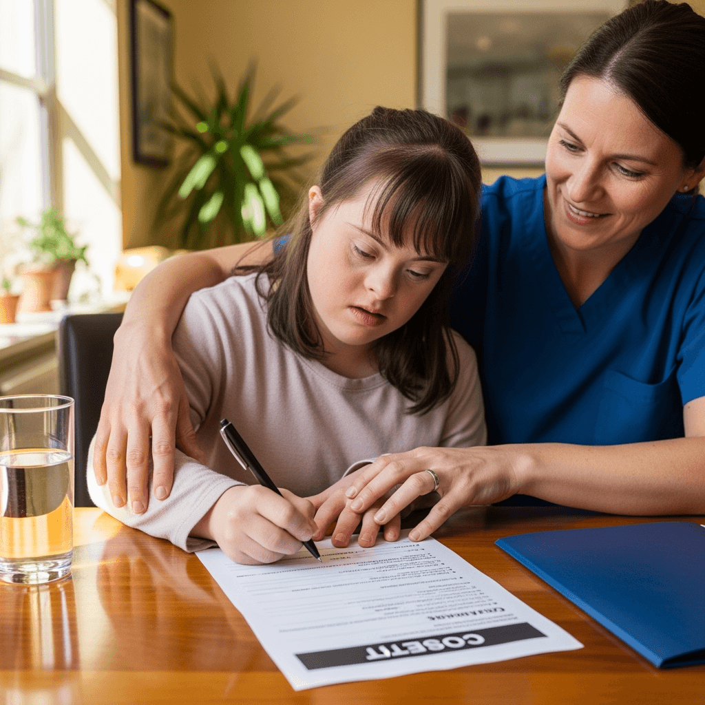 A women with a learning disability signing a consent form