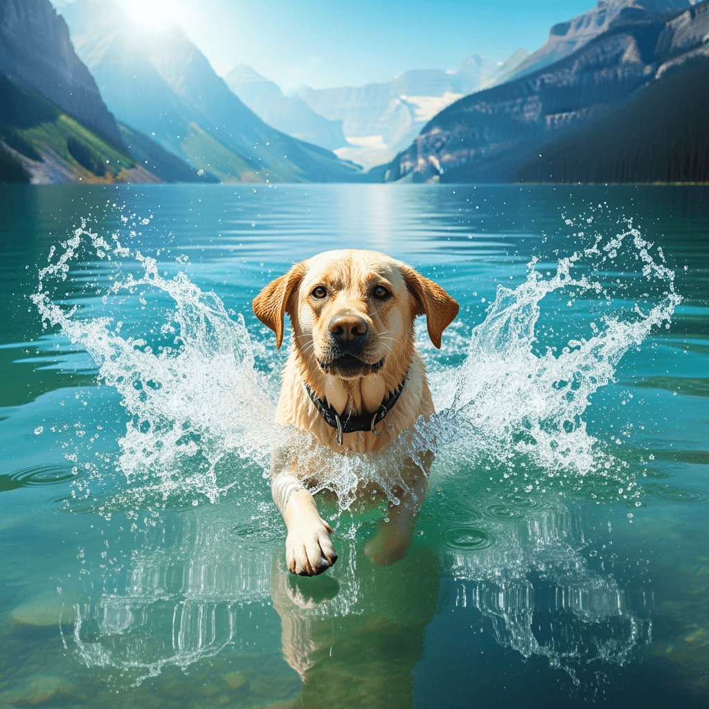 A yellow Labrador Retriever swimming in a turquoise lake with mountains in the background, realistic style, water splashes, vibrant sunlight, action-oriented composition.