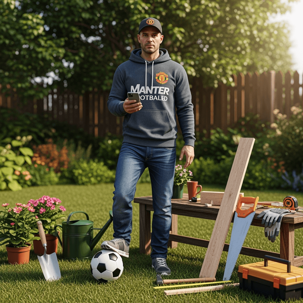 A photorealistic image of a man in his 30s with short dark hair, wearing Manchester United football (UK round soccer/ football) hoodie, blue jeans, trainers, and a baseball cap. He is holding a mobile phone in one hand, standing casually with a soccer football placed next to his feet. Surrounding him are various gardening tools (like a trowel, watering can, potted plants) and woodwork tools (such as a saw, hammer, and wooden planks), reflecting his hobbies. The scene is set outdoors in a garden with natural lighting, and the overall composition emphasizes realism and lifelike detail.