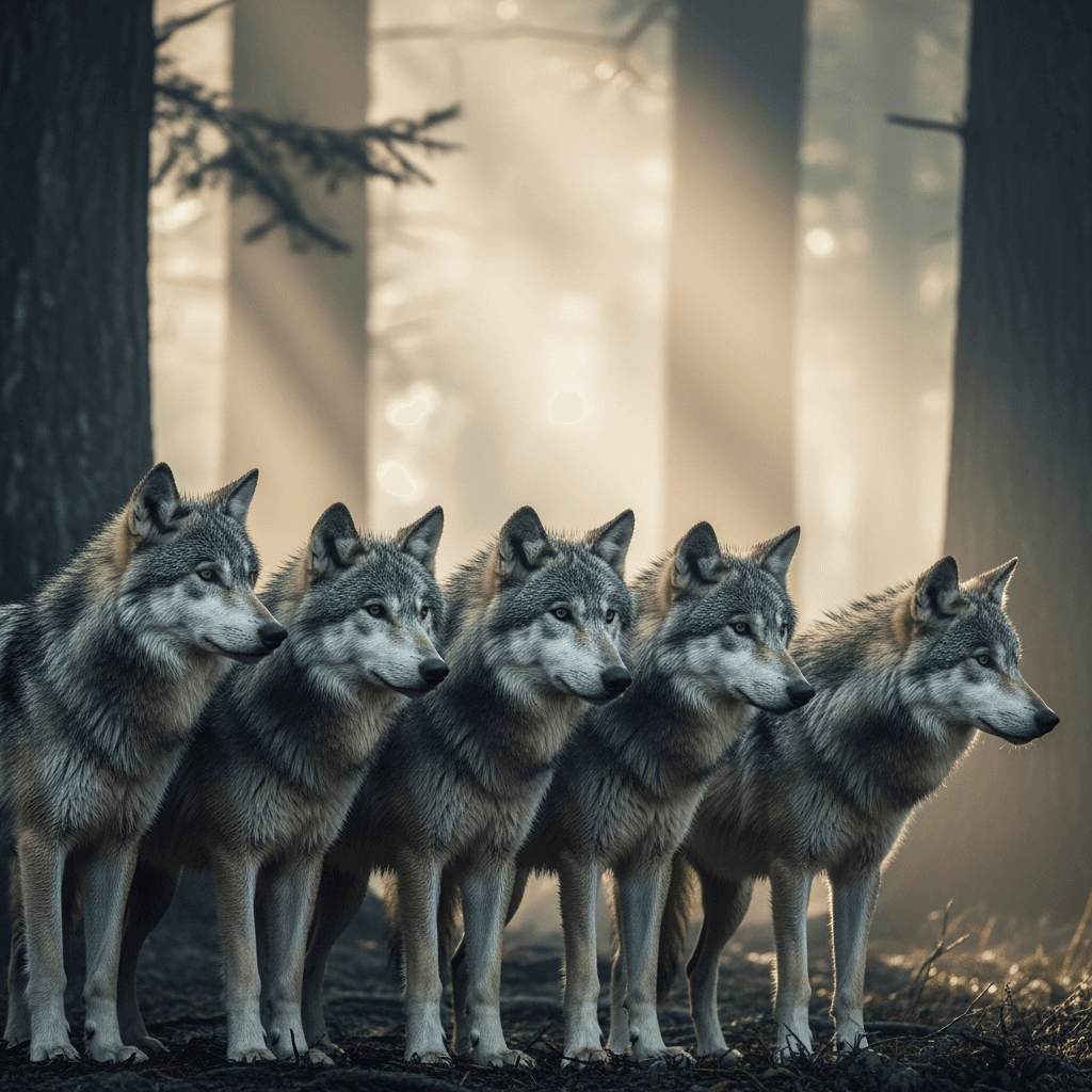 A wolf pack in misty forest surroundings, symbolizing teamwork, loyalty, and wild beauty. Ideal for corporate team building and wilderness themes.