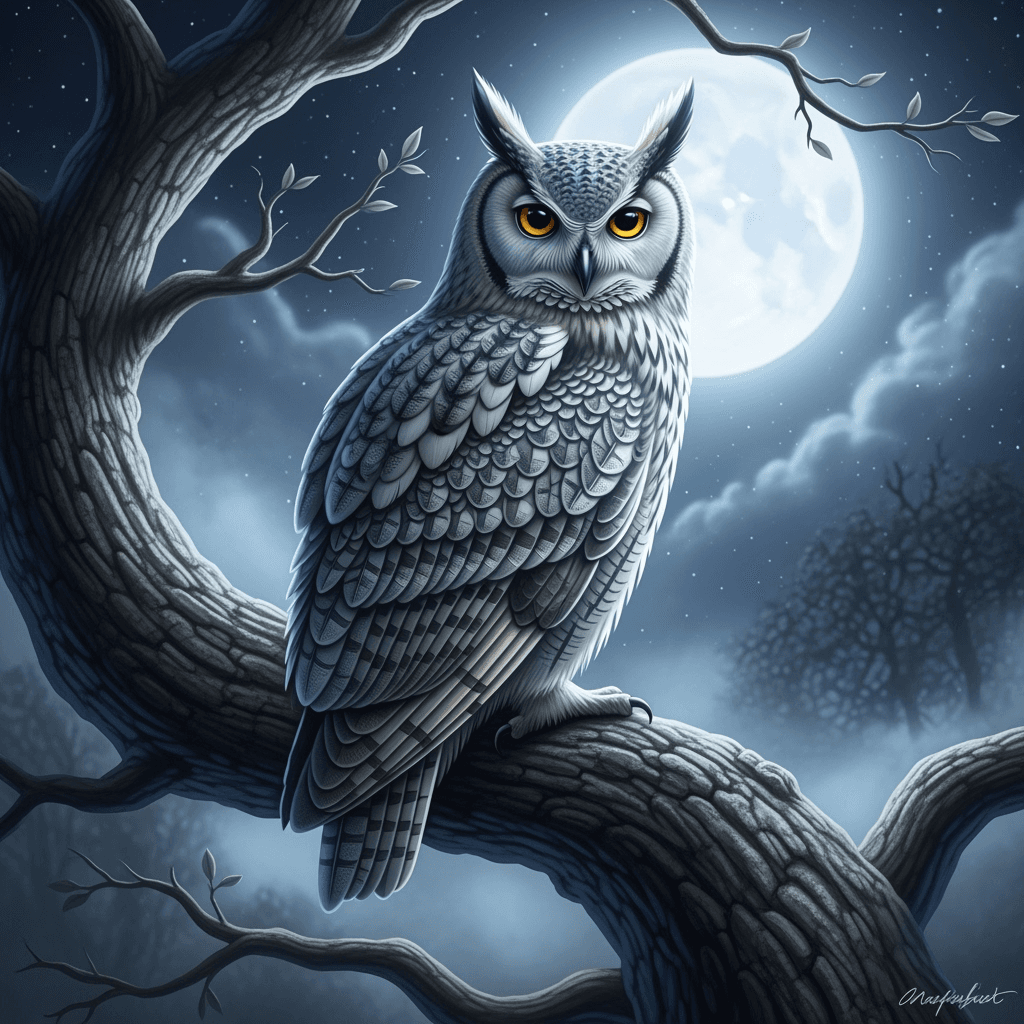 A majestic owl perched on a tree branch under moonlight, representing wisdom, mystery, and nocturnal beauty. Perfect for educational and mystical themes.