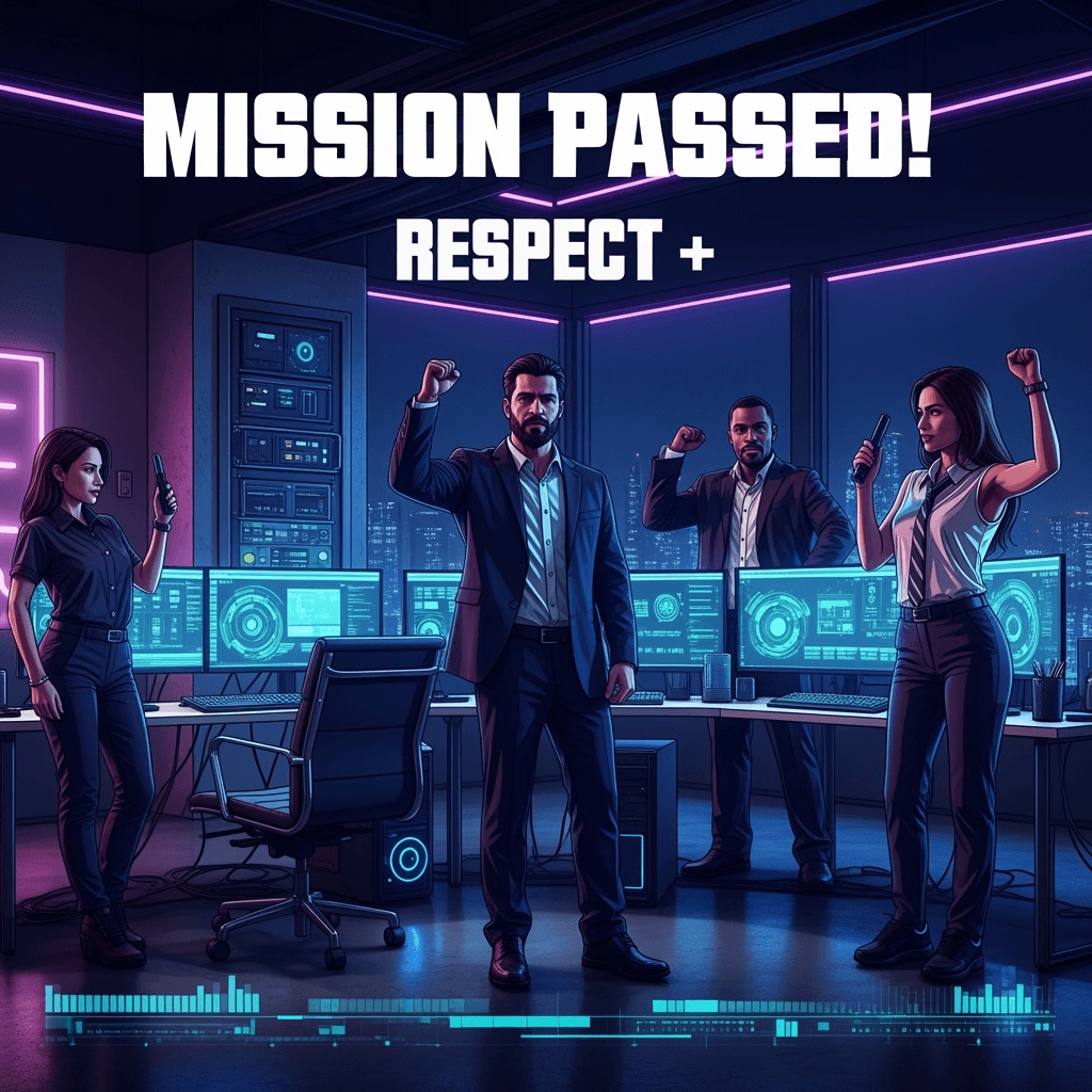A mission completed screenshot in GTA style, but overlayed in a tech scene as if it's tech people completing the mission