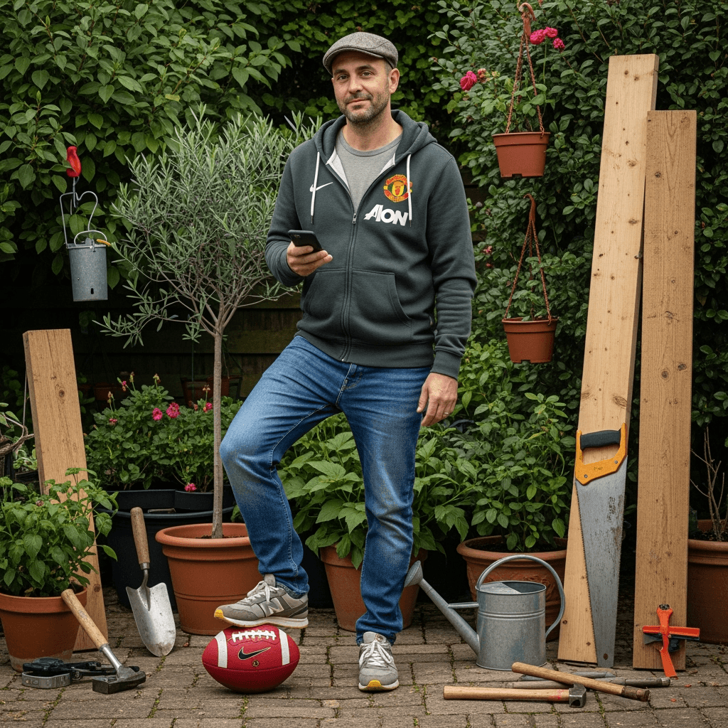 Image of a man in his 30s, short dark hair, wearing a hoodie (dark green or grey) and jeans and trainers wearing a peak cap, holding a mobile phone, a football next to his feet or a wearing Manchester united football hoody. Gardening and woodwork tools around him (hobbies) 