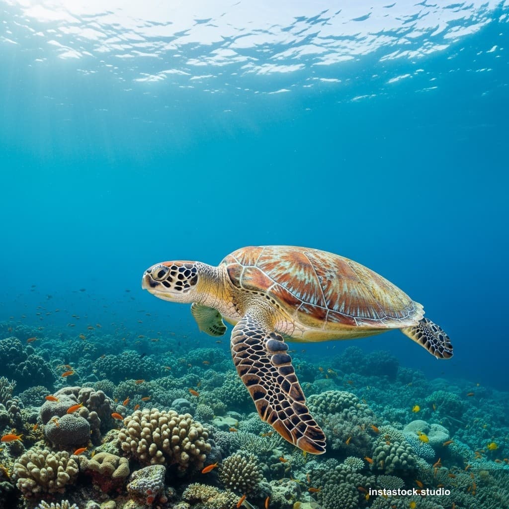 A sea turtle gliding through coral reefs, representing patience, longevity, and marine conservation. Perfect for environmental and wellness content.