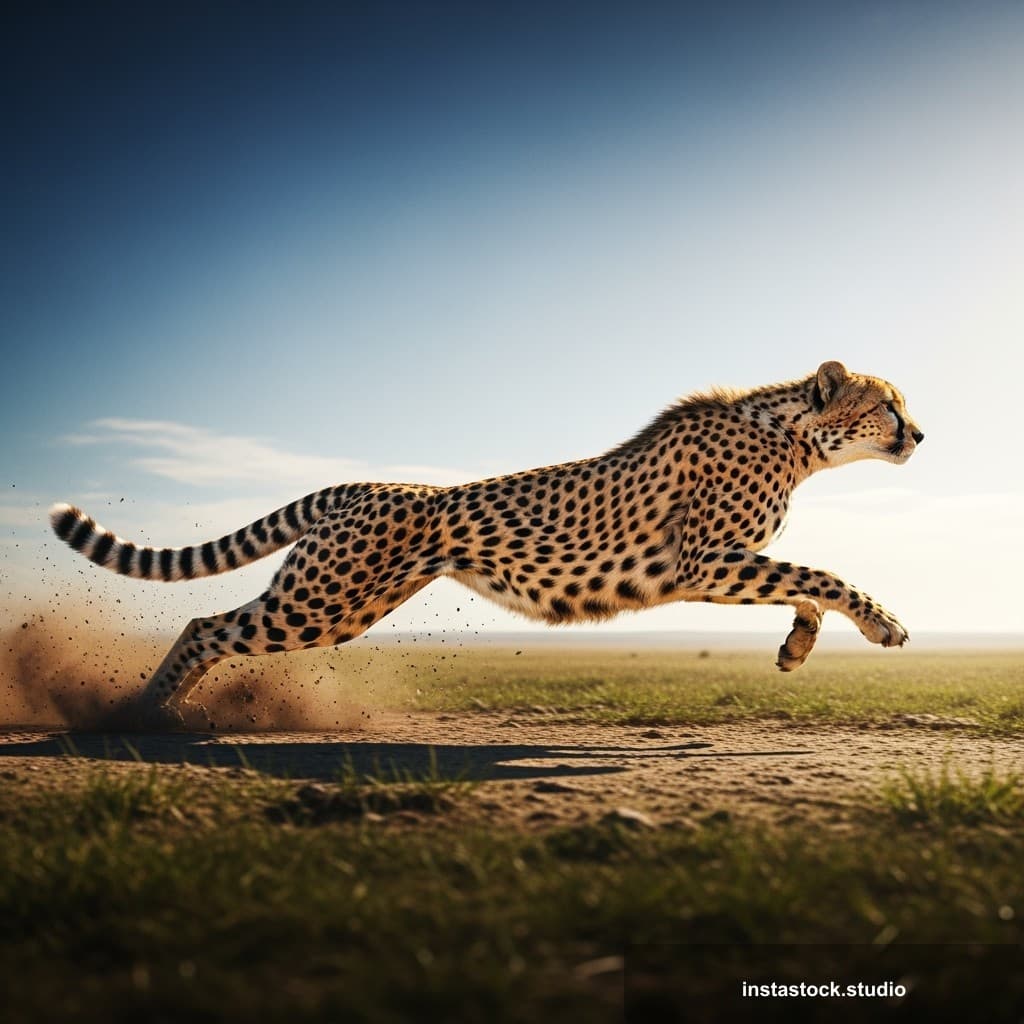 A cheetah in full sprint across the African plains, representing speed, agility, and determination. Perfect for sports, fitness, and performance themes.