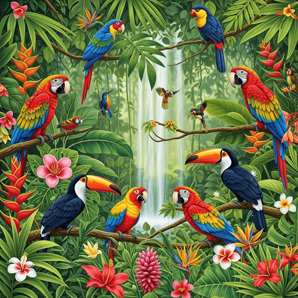 Vibrant parrots and toucans in lush rainforest settings, showcasing biodiversity and exotic beauty. Excellent for travel, nature, and conservation messaging.
