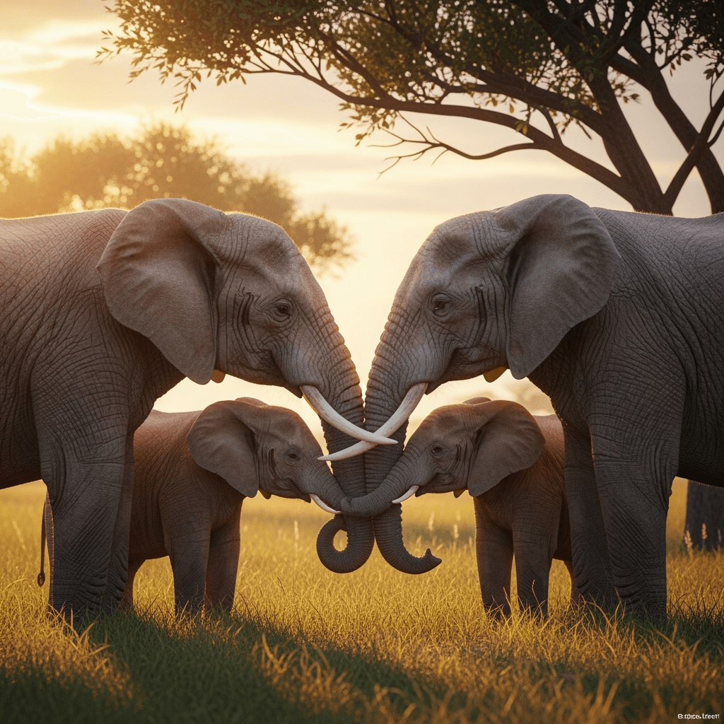 A peaceful elephant family in golden hour lighting, symbolizing family bonds, wisdom, and gentle strength. Ideal for family and nature conservation content.