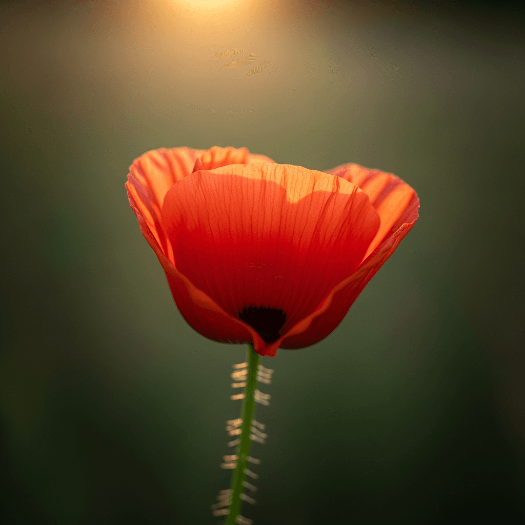 Ultra high-resolution macro photograph captured with a Nikon Z7 III and a Nikkor 105mm f/2.8 VR macro lens. A single, isolated Poppy stands in perfect bloom amid a sunlit, grassy summer meadow. Captured at golden hour, natural lighting caresses the petals, revealing intricate textures and delicate details. The background melts away into a buttery bokeh, with a narrow depth of field that isolates the subject in a dreamy atmosphere. Soft, muted greens and earth tones dominate the palette. Add gentle film grain (1.5 intensity), crisp sharpness on the flower, and a tasteful vignette to enhance focus. Photorealism meets fine art — a professional, award-worthy botanical portrait.