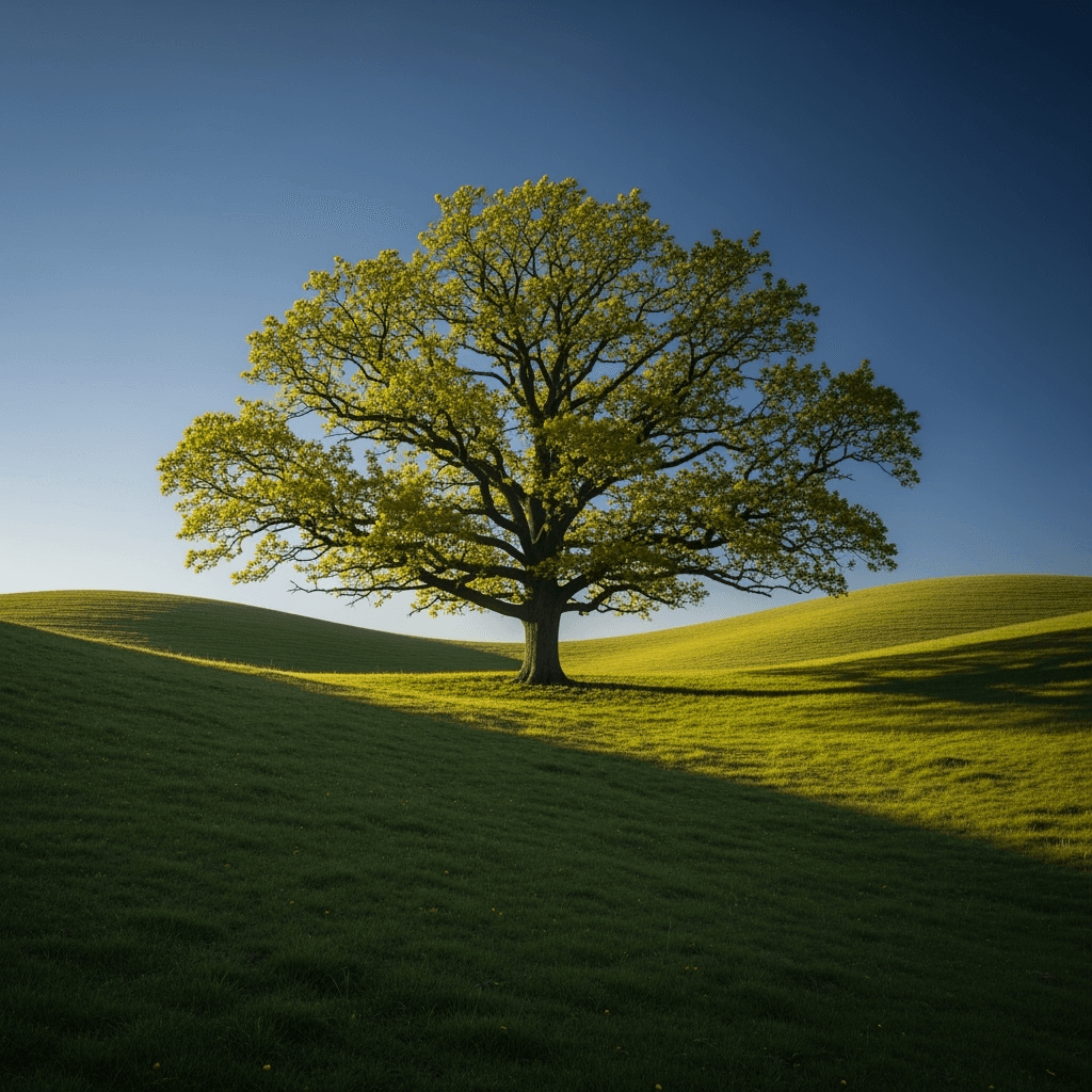 A lone tree standing strong on a rolling hill. Must look like a photo.
