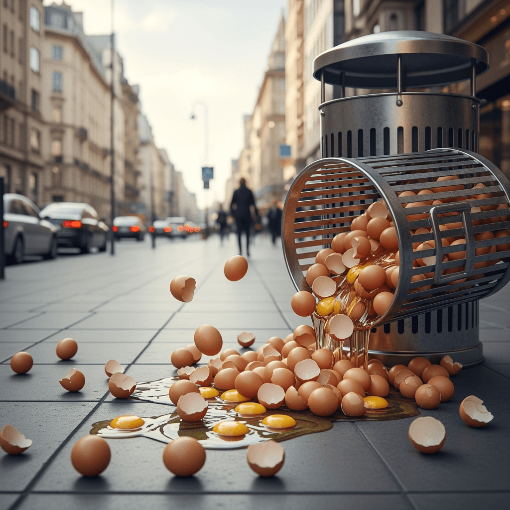 rubbish bin, overflowing with eggs