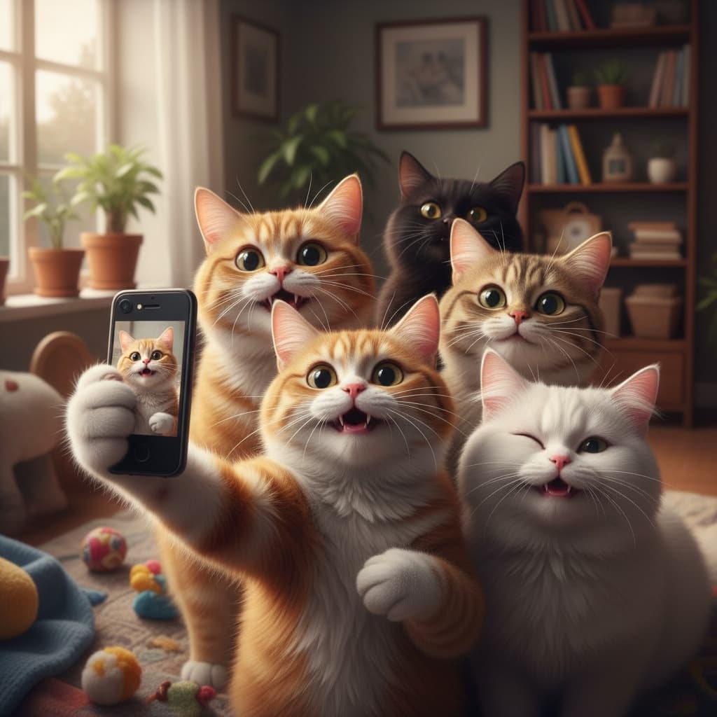 Cats taking a selfie, with a cat in the center with arm outstreched taking it