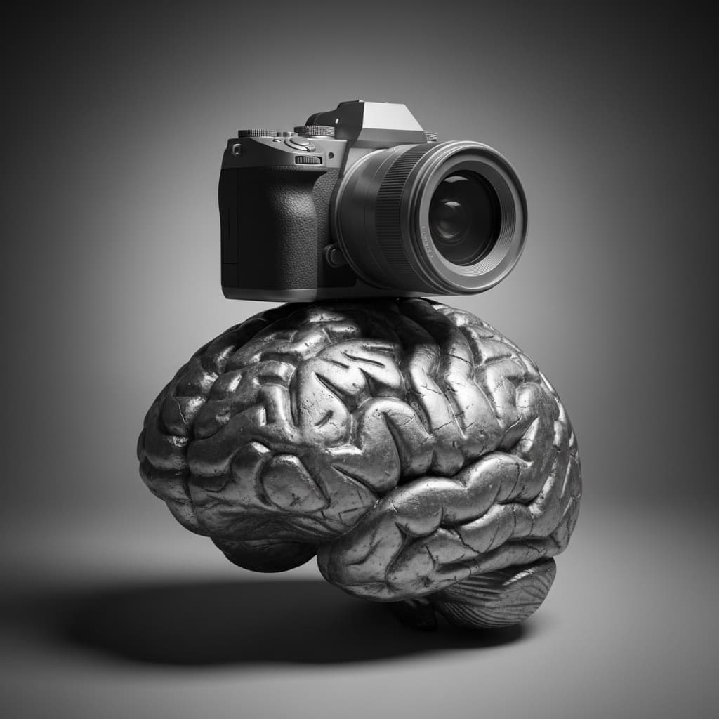 A brain icon with a camera over it, greyscale.
