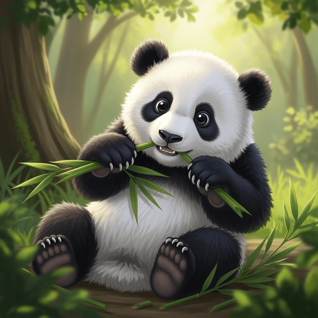 An adorable panda cub playing with bamboo, embodying innocence, playfulness, and conservation awareness. Great for children's content and environmental causes.