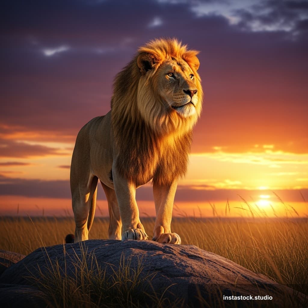 A powerful lion with a golden mane, captured in dramatic lighting against a savanna backdrop. Perfect for leadership themes, strength, and courage.