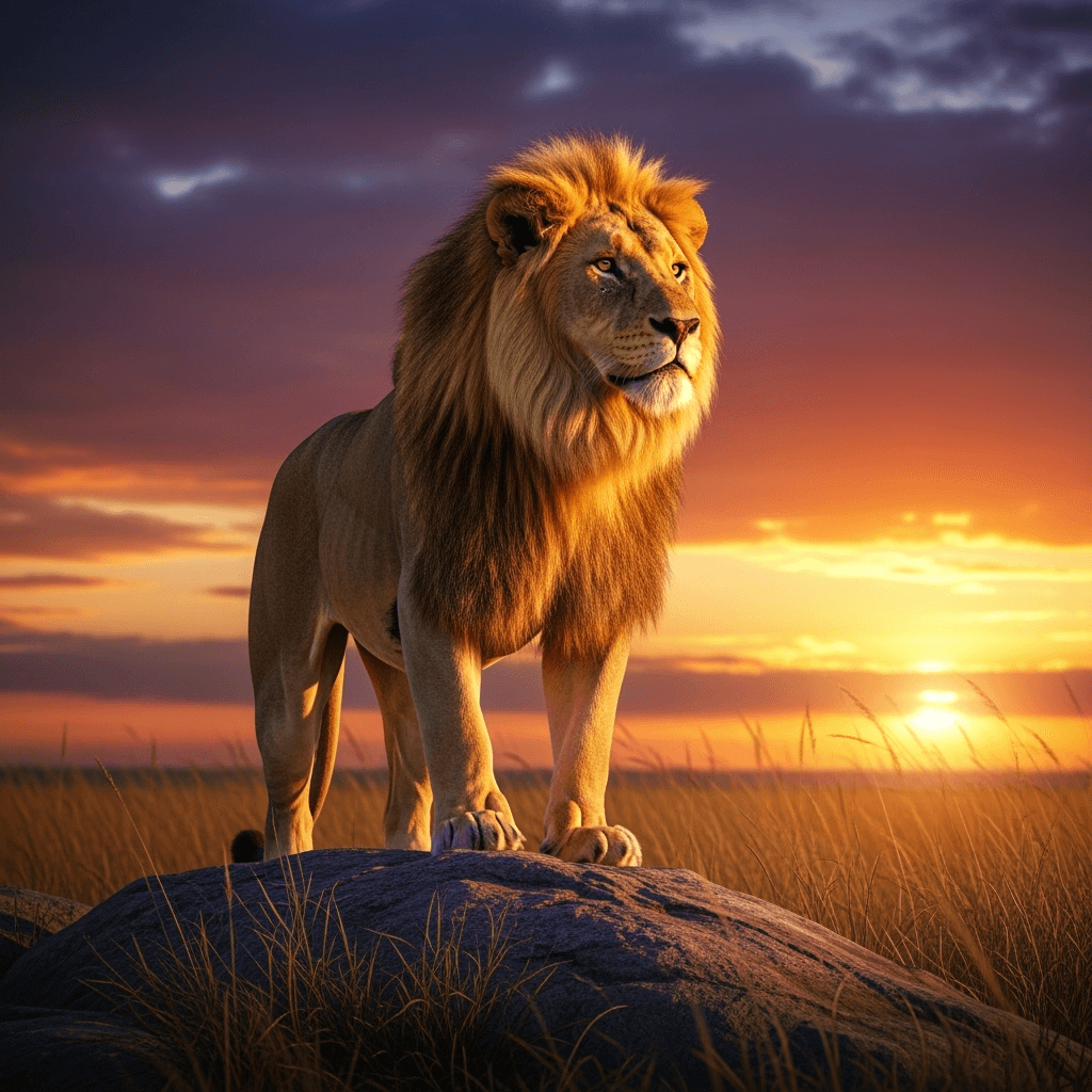 A powerful lion with a golden mane, captured in dramatic lighting against a savanna backdrop. Perfect for leadership themes, strength, and courage.