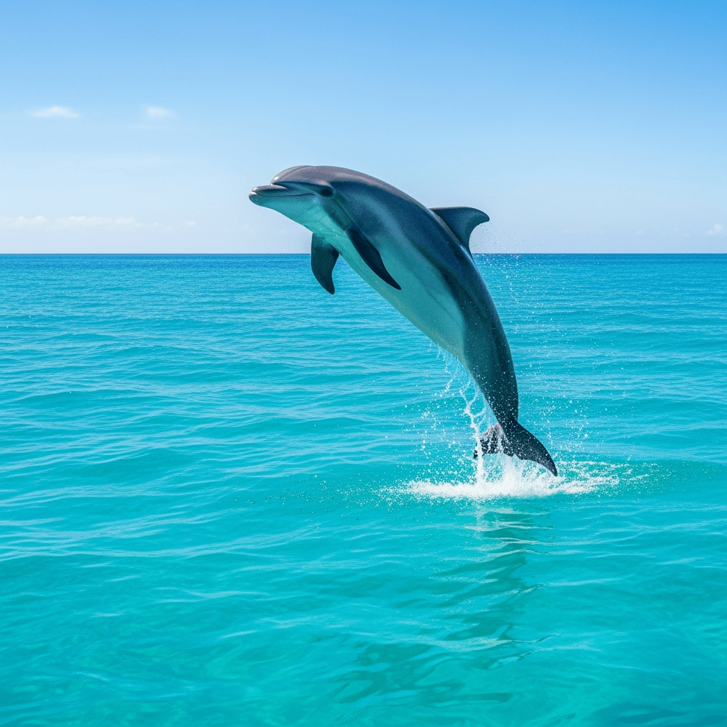 A dolphin mid-leap over crystal-clear ocean waters, symbolizing freedom, intelligence, and natural beauty. Great for marine conservation and travel content.