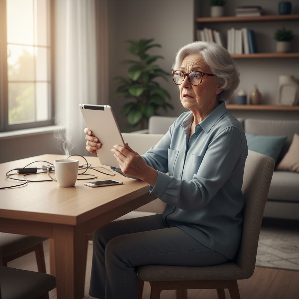 Confused senior with technology
