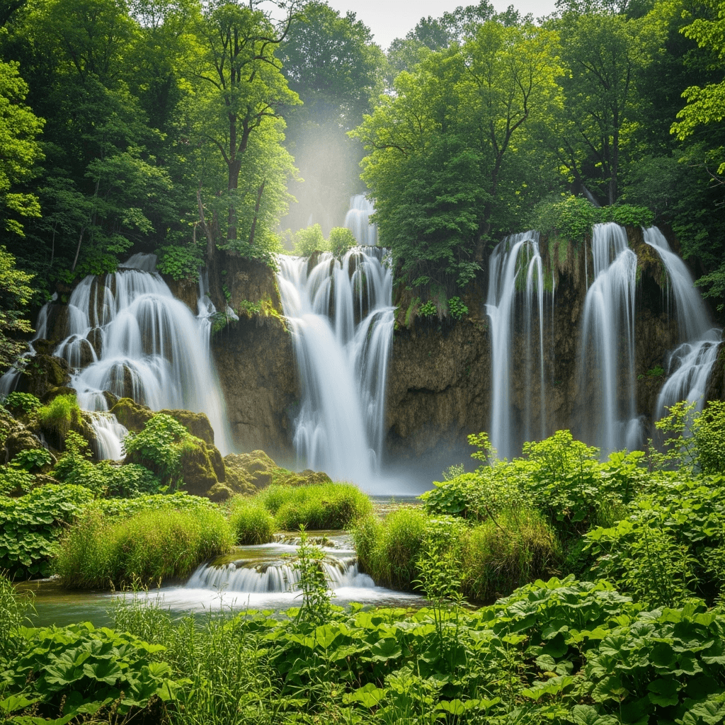 Cascading waterfalls in a lush, green environment. Must look like a photo.