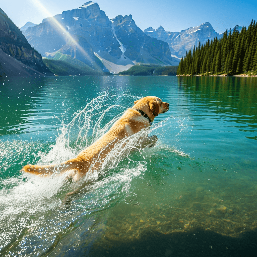 A yellow Labrador Retriever swimming in a turquoise lake with mountains in the background, realistic style, water splashes, vibrant sunlight, action-oriented composition. Must look like a photo.