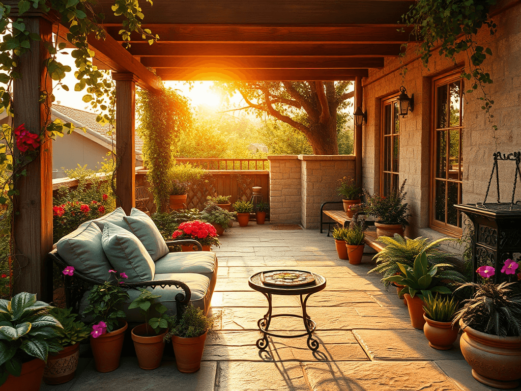 Create a detailed, realistic patio garden scene. The patio should be a cozy, inviting space, featuring natural stone tiles and a wooden pergola draped with climbing vines. Include a variety of potted plants, such as vibrant flowers, lush ferns, and aromatic herbs. Add comfortable outdoor furniture, like a cushioned lounge chair and a small table with a decorative centerpiece. Incorporate soft lighting, such as string lights or lanterns, to create an enchanting evening atmosphere. The background should feature a mix of greenery, such as a trellis with climbing roses and a small vegetable patch. Capture the warmth of a late afternoon sun casting gentle shadows across the scene
