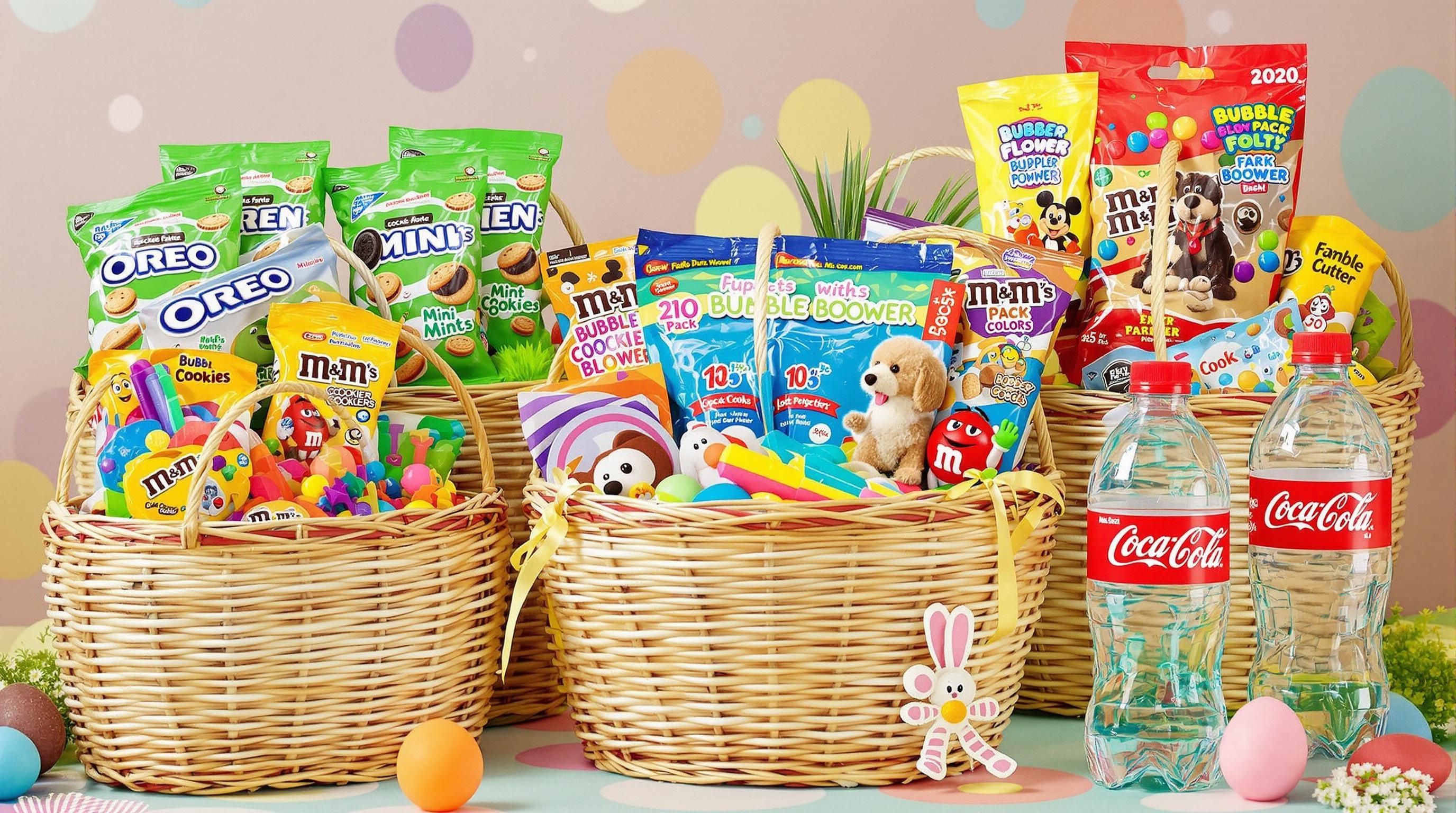 Easter 2020 Easter Baskets And Gifts with Oreo Mini Mint Sandwich Cookies, Toy bubble blower dog rubber toy pack, M&MS Cookies Pack Bag, And Coca-Cola Bottled Water