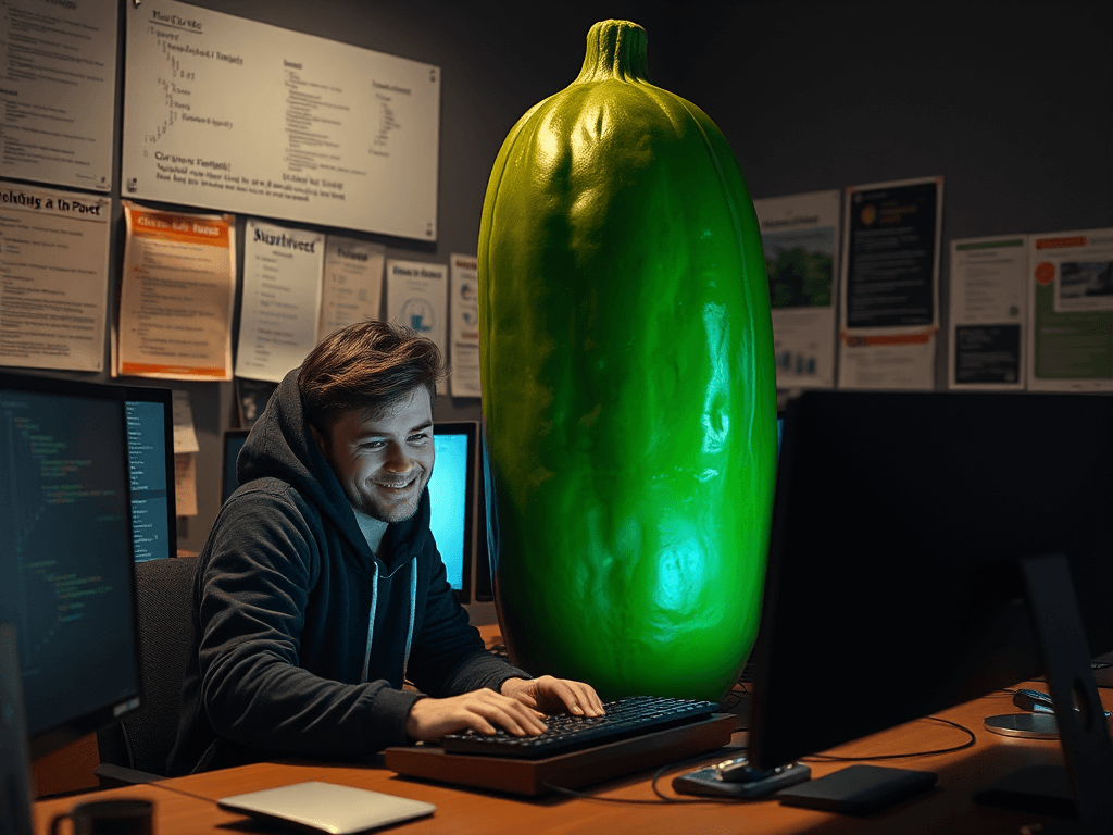 a programmer with a hoodie sits in front of a giant cucumber and is laughing at a collegue.