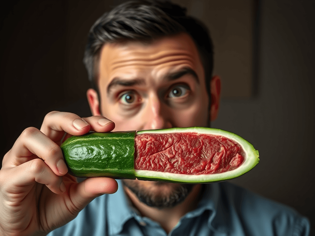 a small cucumber is cut open but instead of finding vegetable content it looks like a steak in the inside. A man with short hair and a beard holds this piece and will give it to another one behind the camera.