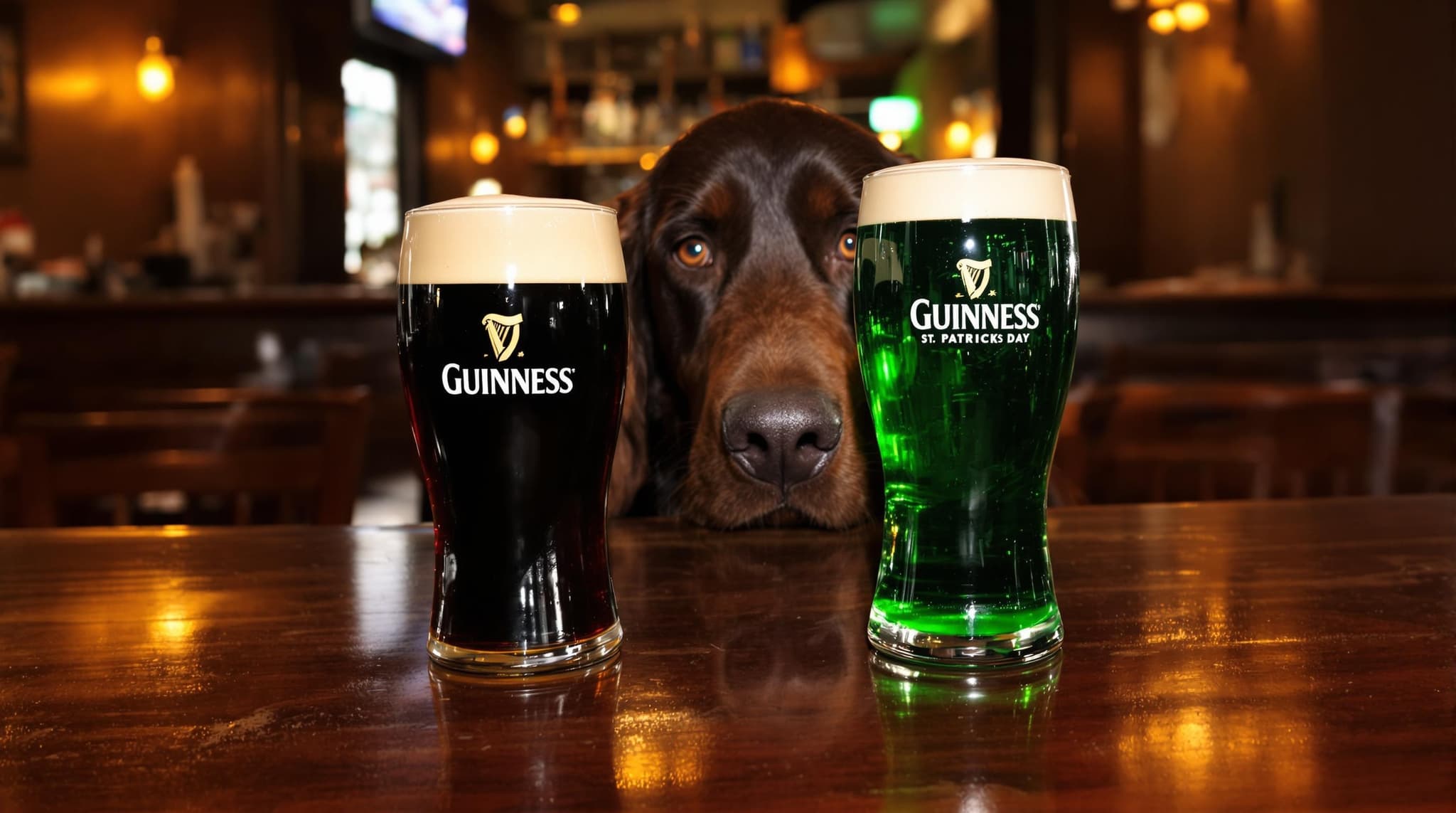A picture of a sad dog with a half pint if Guinness and a green half pint of Guinness 