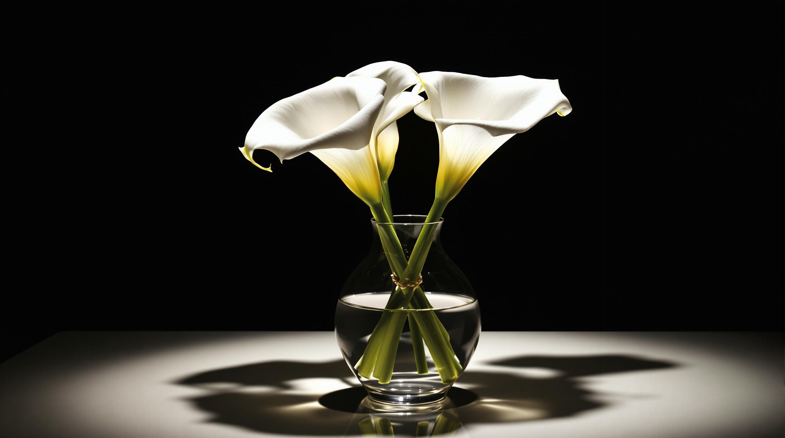 a  simple still life with a glass object and three white flowers in dramatic studio lighting