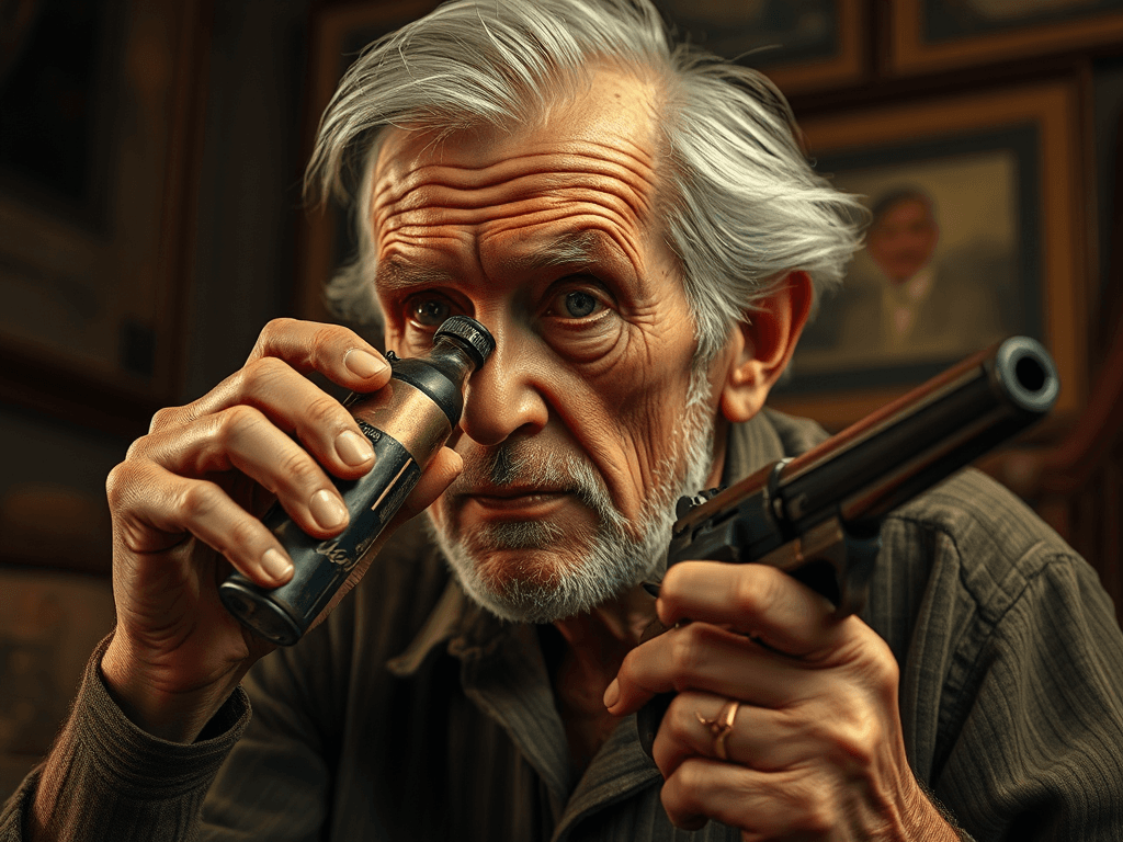 old man drinking Coca-Cola while holding a pistol