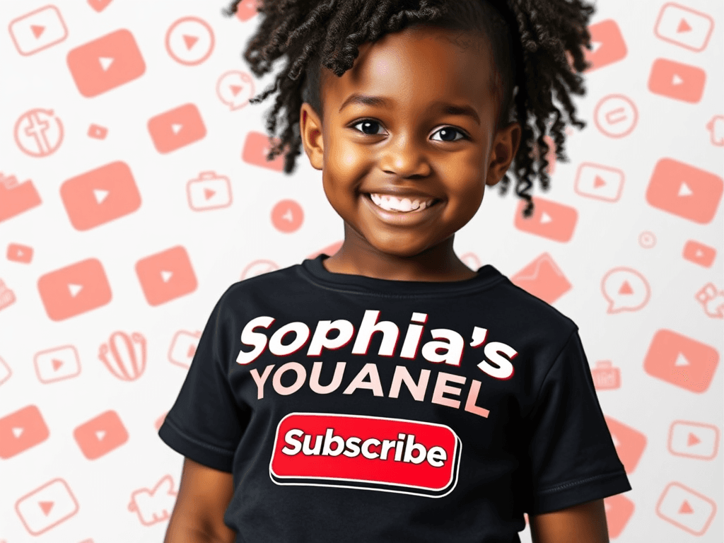 black girl that has clothing that says "Sophia's Youtube Channel" and one part should say subscribe, it should also be 3e