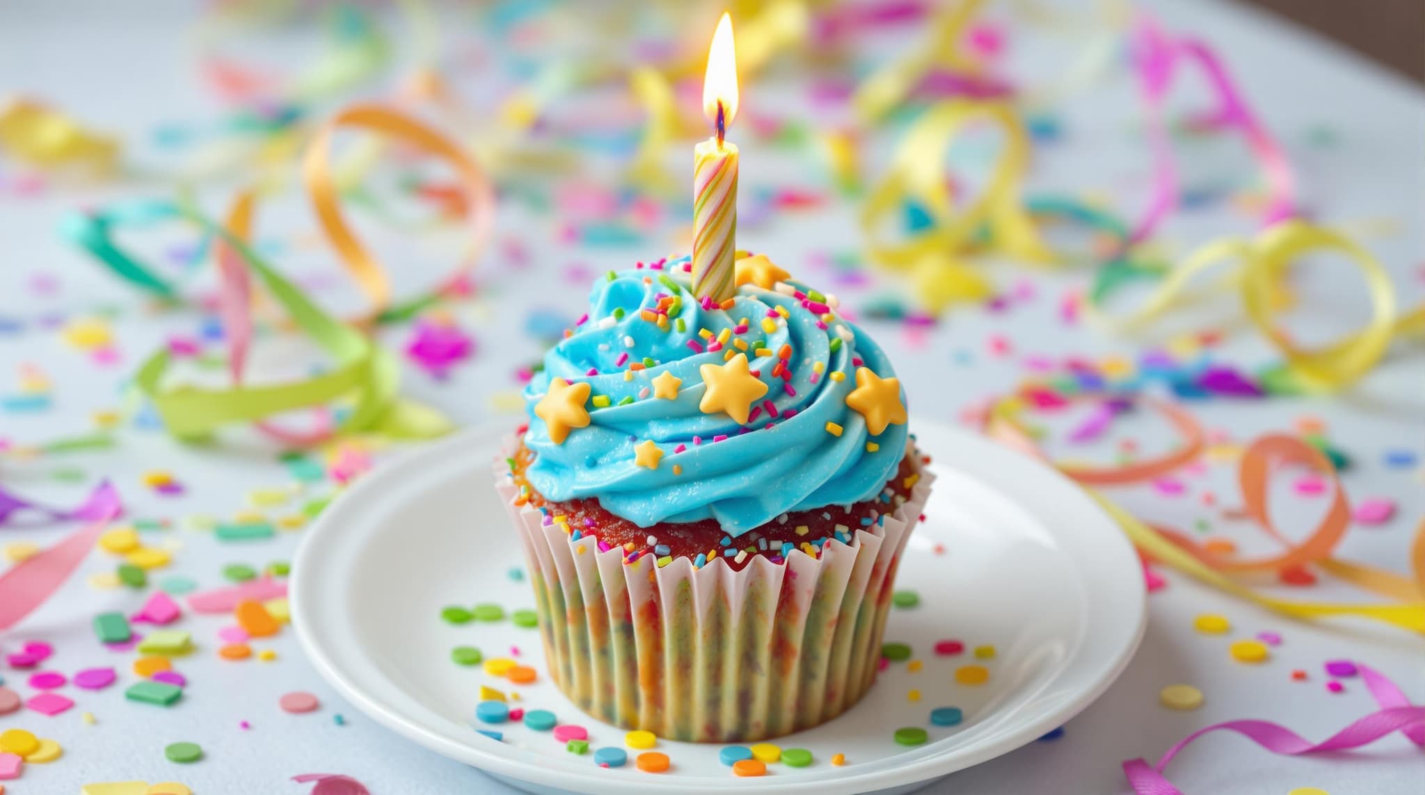 A blue frosted cupcake with a candle and festive decorations.
