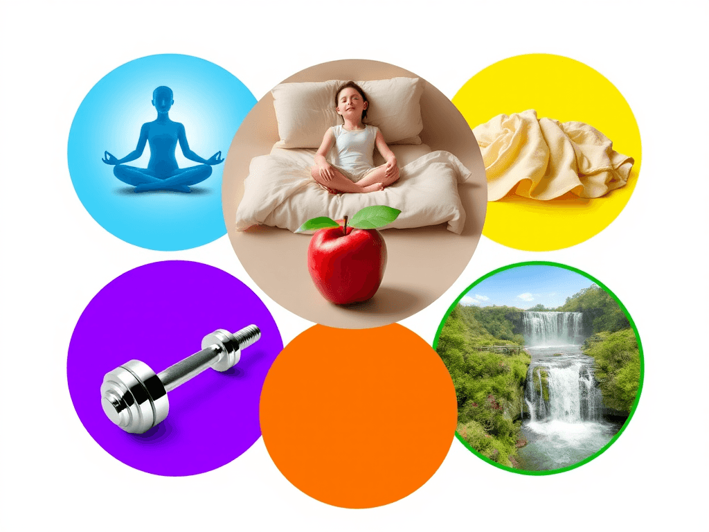 5 different coloured circles, one with a person meditating, one with someone sleeping in bed, one with an apple, one with exercise weight