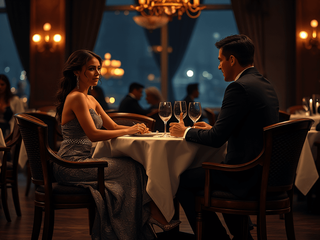 young man crossdressed and wearing high heels, with a male, for a dinner date