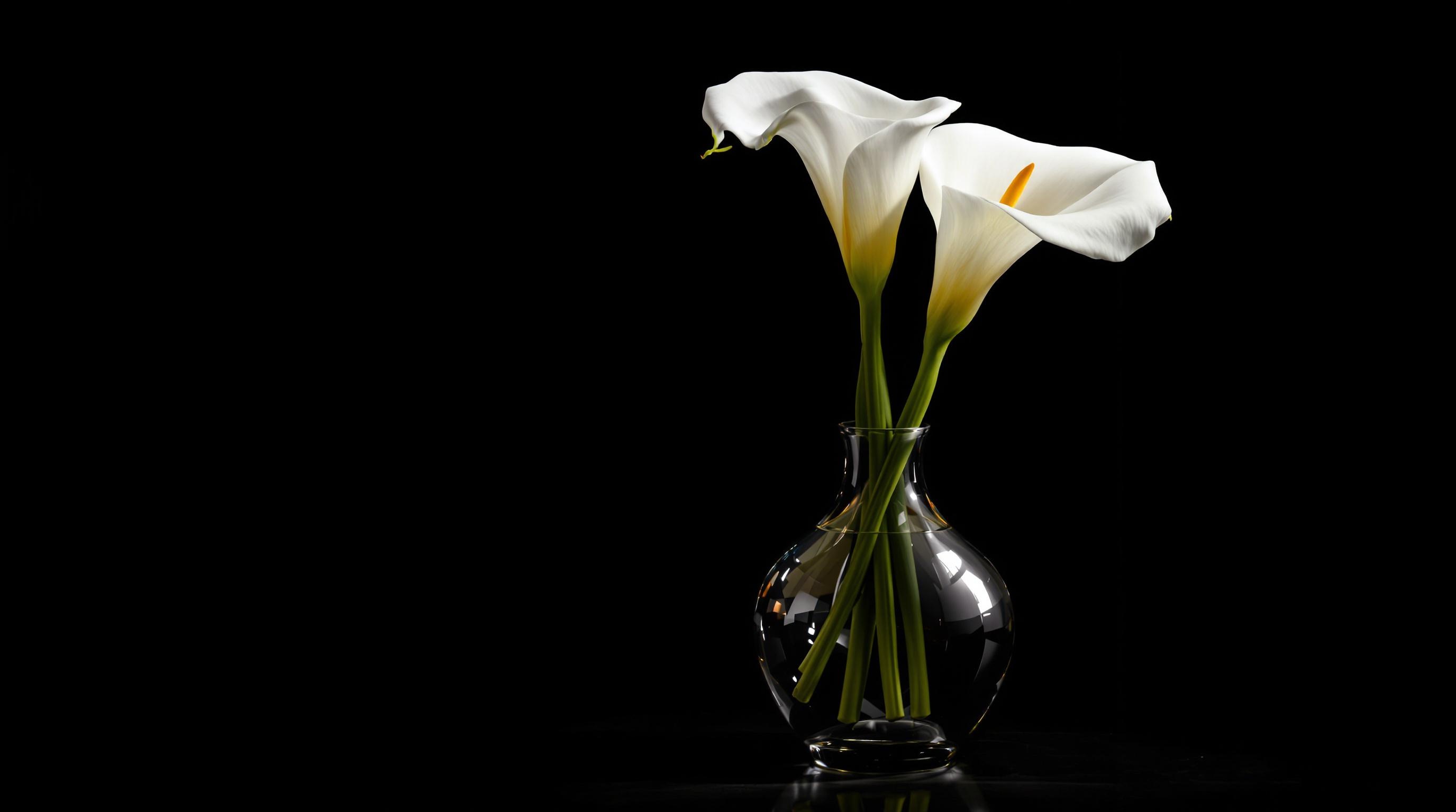 a  simple still life with a glass object and three white flowers in dramatic studio lighting