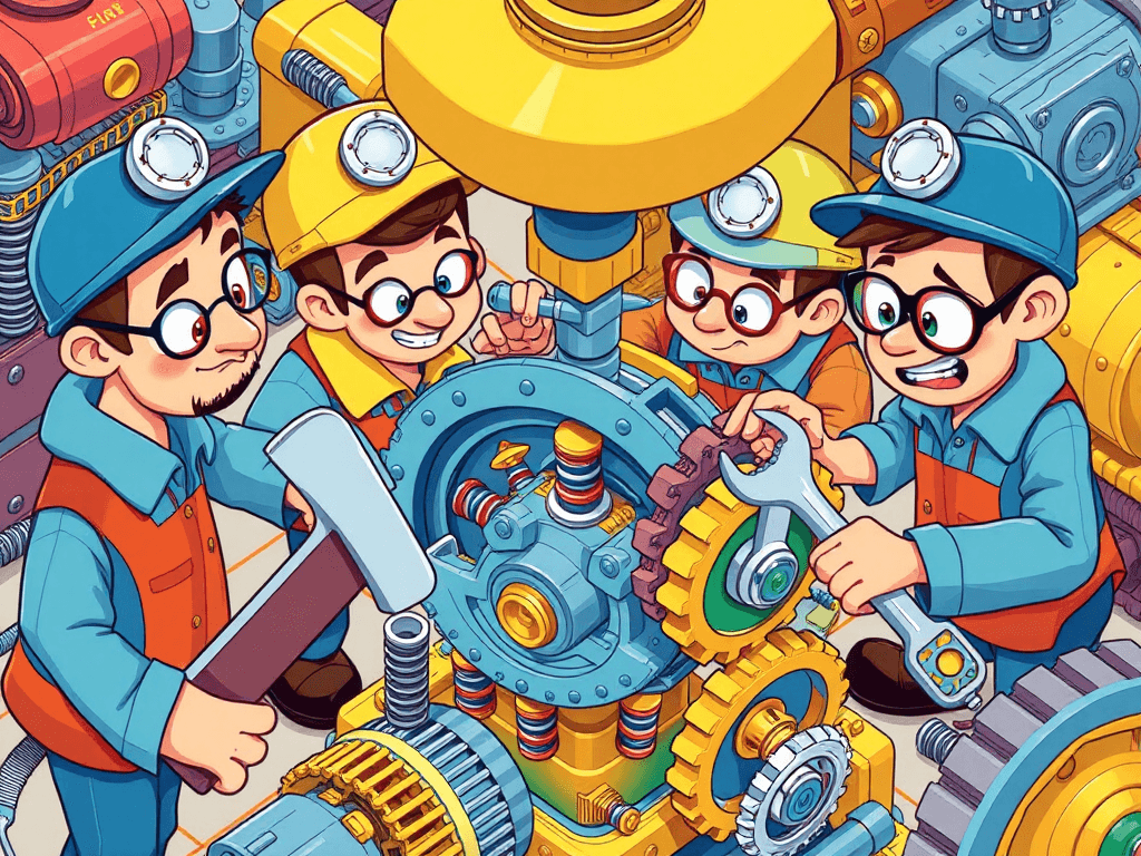 adjusting, cartoon people making small changes to a machine using tools such as a spanner 